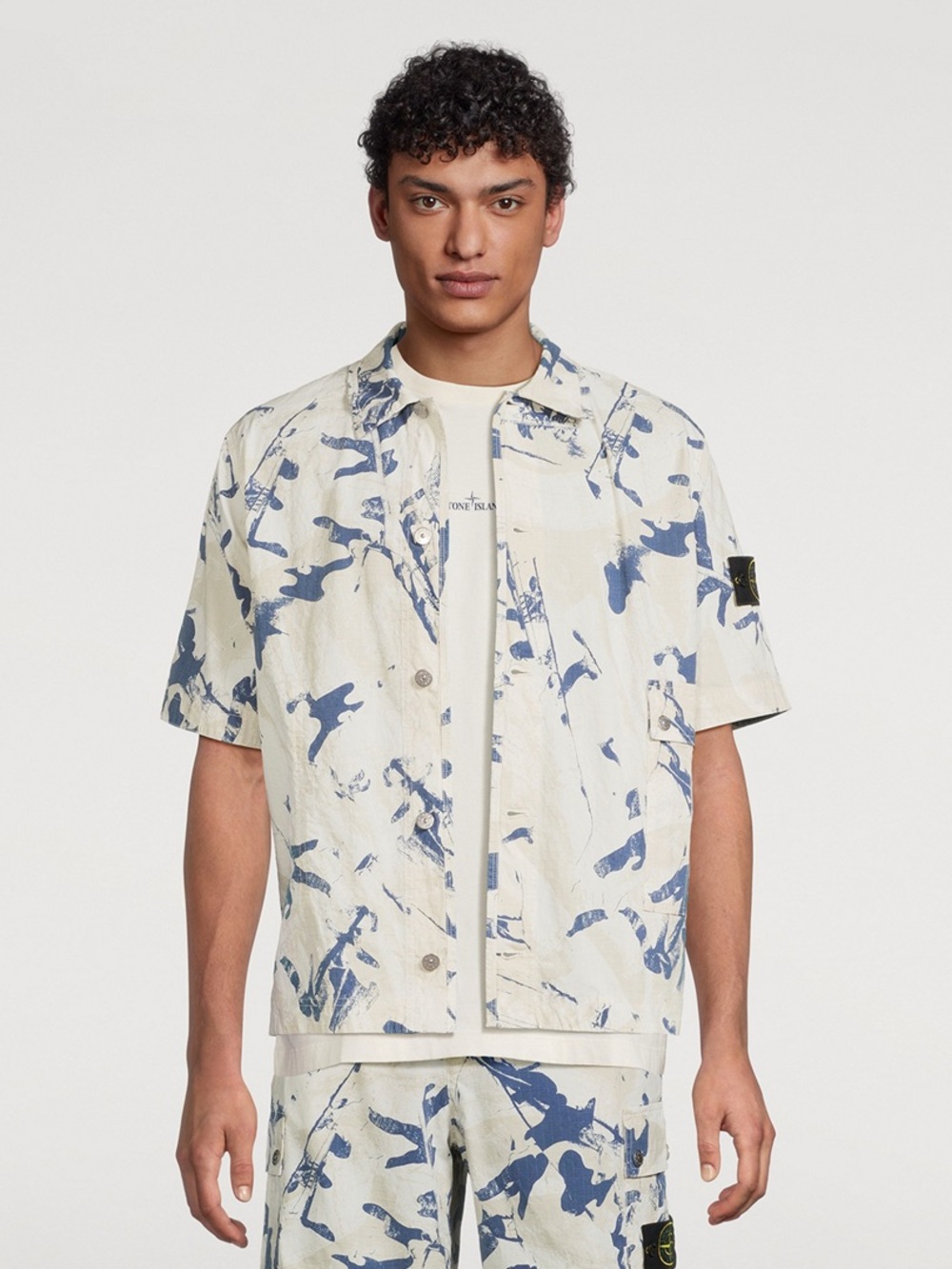 Stone Island Cream Shirt with Blue Abstract Print